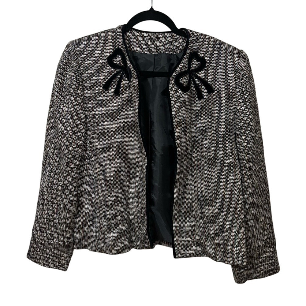 Doncaster Black Gray Tweed Open Front Velvet Bow‎ Blazer Jacket VINTAGE